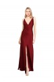Cheapest Floor Length Deep V-Back Stretch Satin Prom Dress with Front Slit