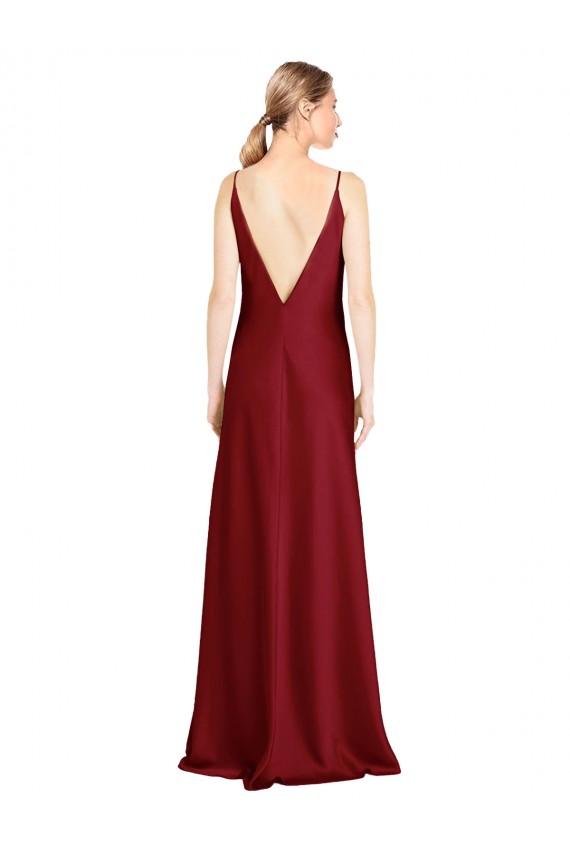 Cheapest Floor Length Deep V-Back Stretch Satin Prom Dress with Front Slit