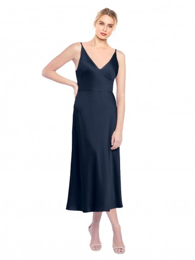 Cheapest V-Neck Midi Length Short Stretch Satin Cocktail Prom Dress / Homecoming Dress V-Back