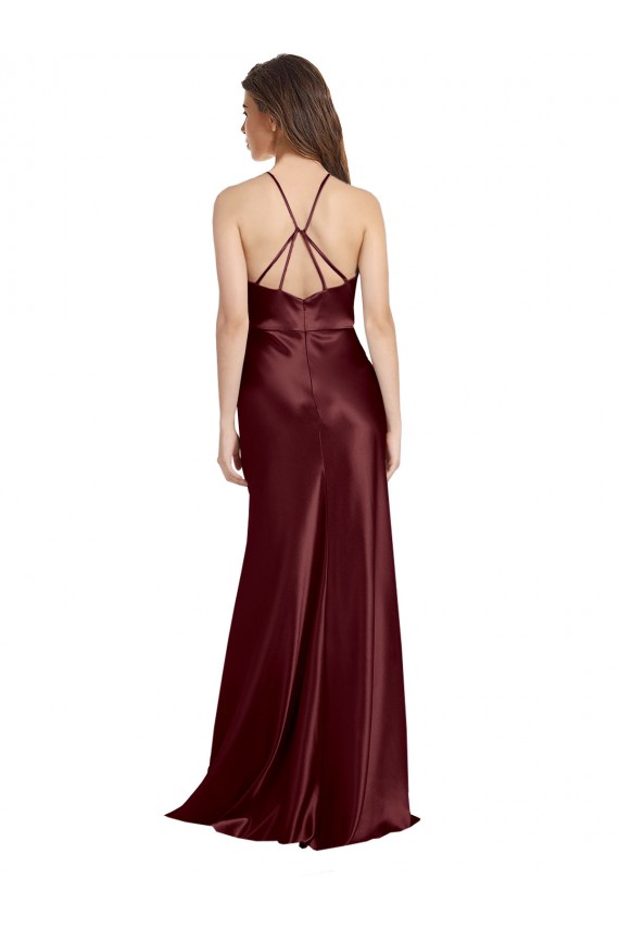Cheapest High Neck Halter Long Sleeveless Stretch Satin Prom Dress with Strappy Back