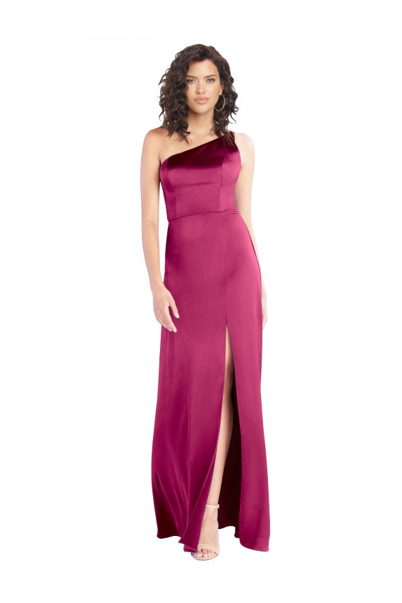 Cheapest Sleek One Shoulder A-Line Long Stretch Satin Prom Dress with Spaghetti Straps Back