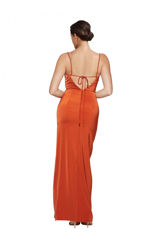 Cheapest Front Cowl Neck Long Floor Length Stretch Satin Prom Dress with High Side Split