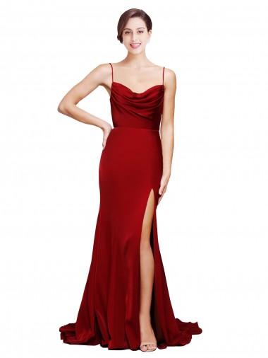 Cheapest Cowl Front Neck Sweep Train Stretch Satin Prom Dress with High Side Split