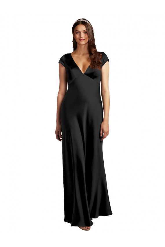 Cheapest Plunging V-Neck Cap Cleeves Long Stretch Satin Prom Dress with Keyhole Back