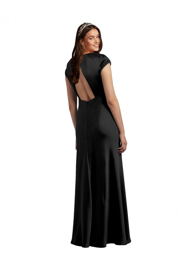 Cheapest Plunging V-Neck Cap Cleeves Long Stretch Satin Prom Dress with Keyhole Back