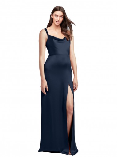 Cheapest Cowl Neck Soft Long Stretch Satin Prom Dress with Side Slit and Pleated Straps