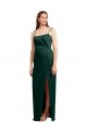 Cheapest Sleek Straight Neckline Long Wrap Stretch Satin Prom Dress with Angled Pleats