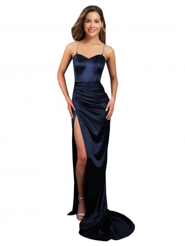Cheapest Pleated Sash Skirt Long Stretch Satin Prom Dress with High Slit