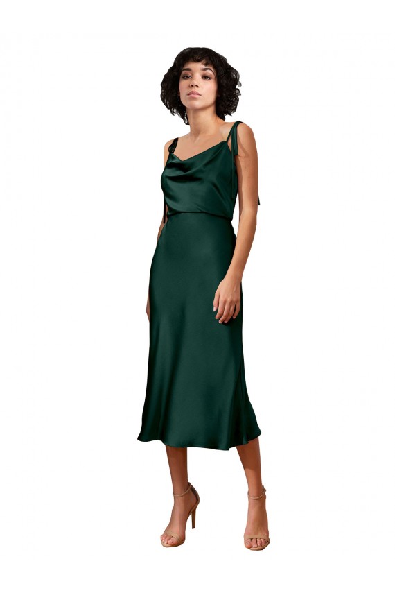 Cheapest Spaghetti Straps Tie Shoulders Cowl Neck Short Midi Length Stretch Satin Cocktail Prom Dress / Homecoming Dress