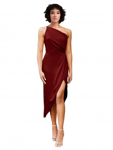 Cheapest One Shoulder Midi Length Short Stretch Satin Wrap Style Cocktail Prom Dress / Homecoming Dress