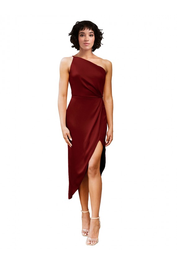 Cheapest One Shoulder Midi Length Short Stretch Satin Wrap Style Cocktail Prom Dress / Homecoming Dress