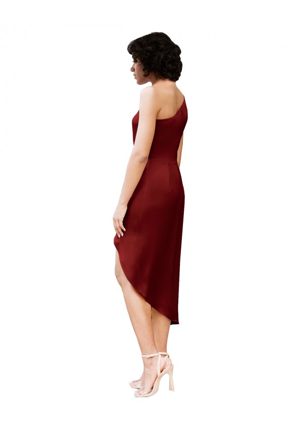 Cheapest One Shoulder Midi Length Short Stretch Satin Wrap Style Cocktail Prom Dress / Homecoming Dress