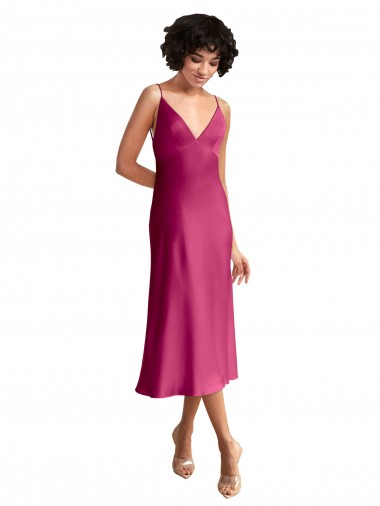 Cheapest Midi Length V-Neck Short Stretch Satin Cocktail Prom Dress / Homecoming Dress with Low Scoop Back