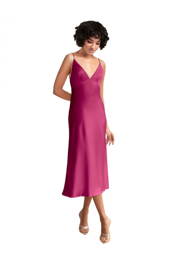 Cheapest Midi Length V-Neck Short Stretch Satin Cocktail Prom Dress / Homecoming Dress with Low Scoop Back