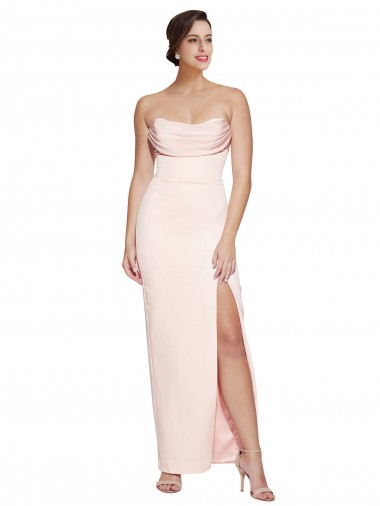 Cheapest Cowl Neck Strapless Stretch Satin Prom Dress with High Split