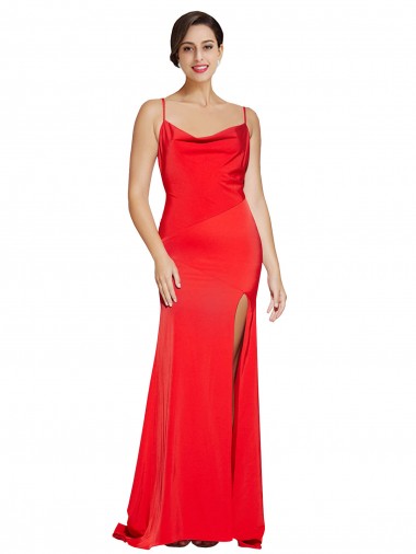 Cheapest Low Back Cowl Neck Stretch Satin Prom Dress with High Side Slit