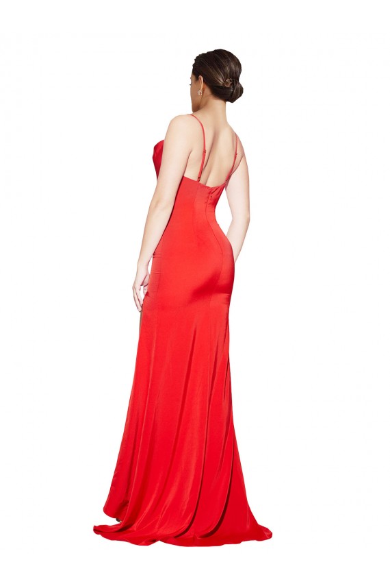 Cheapest Low Back Cowl Neck Stretch Satin Prom Dress with High Side Slit