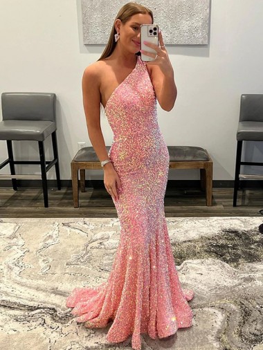 Cheapest Open Back One Shoulder Sleeveless Long Sweep Train Velvet Sequin Prom Dress