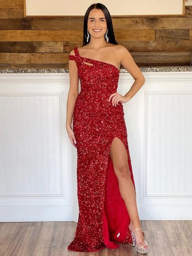 Cheapest One Shoulder Sleeveless Long Sweep Train Velvet Sequin Prom Dress