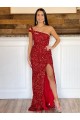 Cheapest One Shoulder Sleeveless Long Sweep Train Velvet Sequin Prom Dress