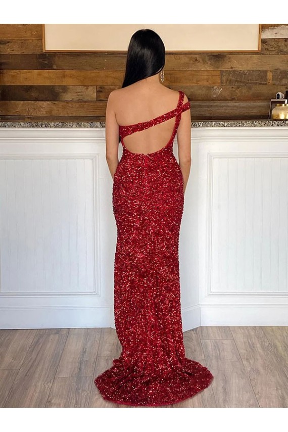 Cheapest One Shoulder Sleeveless Long Sweep Train Velvet Sequin Prom Dress