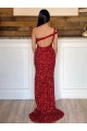 Cheapest One Shoulder Sleeveless Long Sweep Train Velvet Sequin Prom Dress