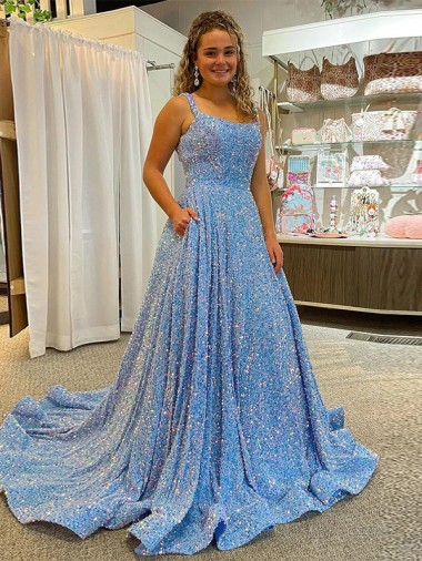Cheapest A-Line Scoop Sleeveless Long Court Train Velvet Sequin Prom Dress