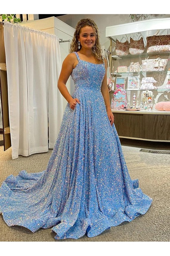 Cheapest A-Line Scoop Sleeveless Long Court Train Velvet Sequin Prom Dress