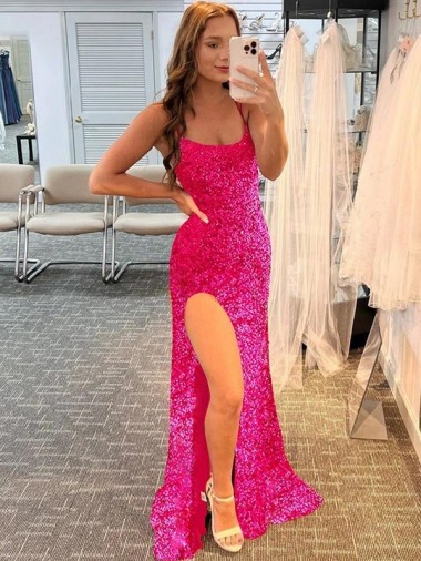 Cheapest Spaghetti Straps Sleeveless Long Velvet Sequin Prom Dress with Slit and Criss Cross Open Back