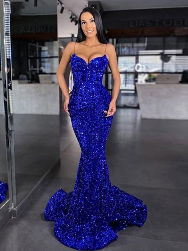 Cheapest Mermaid Spaghetti Straps Sleeveless Long Sweep Train Velvet Sequin Prom Dress