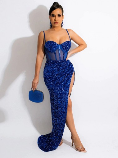 Cheapest Long Sweep Train Spaghetti Straps Sleeveless Velvet Sequin Prom Dress with Slit