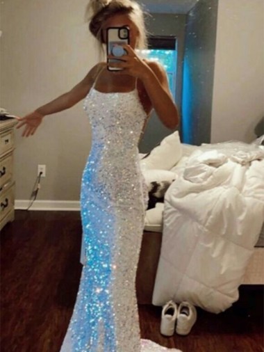 Cheapest Long Spaghetti Straps Sleeveless Sweep Train Velvet Sequin Prom Dress