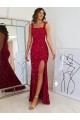 Cheapest Square Neck Sleeveless Long Velvet Sequin Prom Dress with Slit