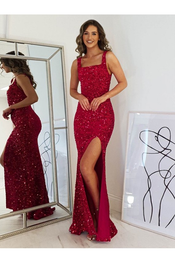 Cheapest Square Neck Sleeveless Long Velvet Sequin Prom Dress with Slit