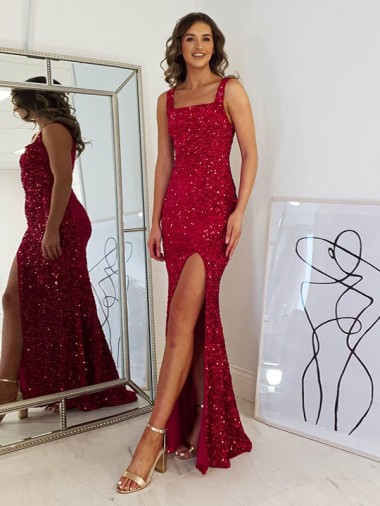 Cheapest Square Neck Sleeveless Long Velvet Sequin Prom Dress with Slit