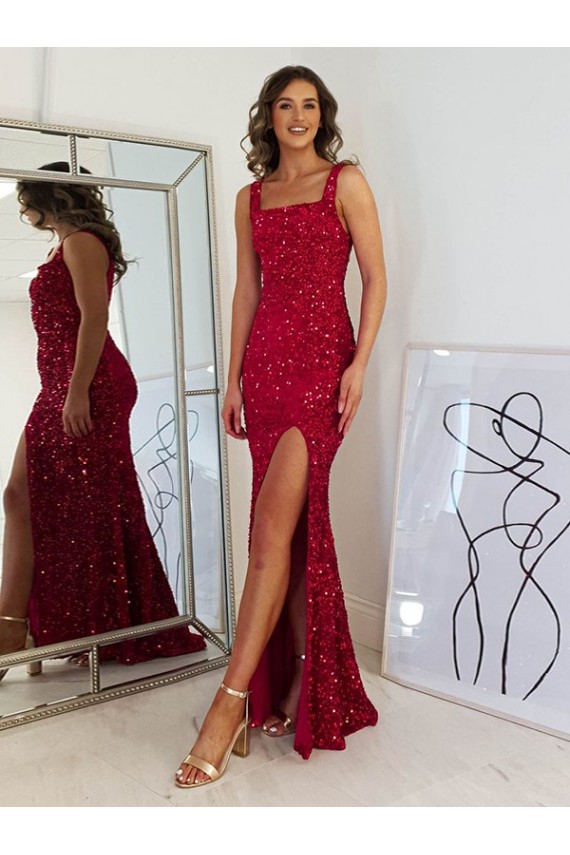 Cheapest Square Neck Sleeveless Long Velvet Sequin Prom Dress with Slit