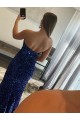 Cheapest Strapless Sleeveless Long Sweep Train Velvet Sequin Prom Dress with Side Slit
