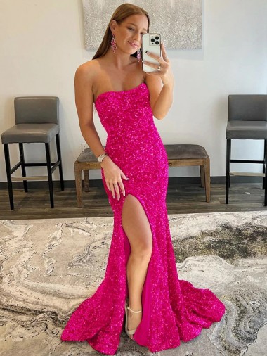 Cheapest Strapless Sleeveless Long Sweep Train Velvet Sequin Prom Dress with Side Slit
