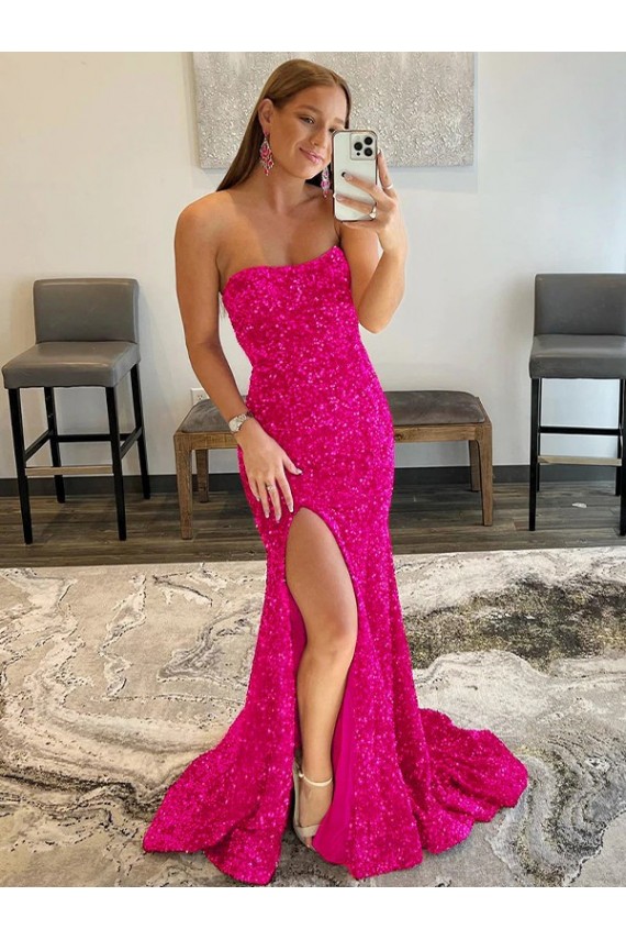 Cheapest Strapless Sleeveless Long Sweep Train Velvet Sequin Prom Dress with Side Slit