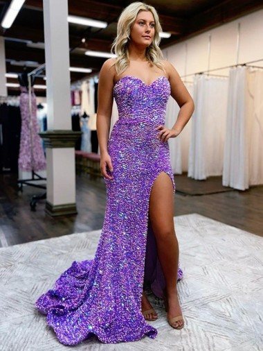 Cheapest A-Line Sweetheart Sleeveless Long Velvet Sequin Prom Dress with Slit