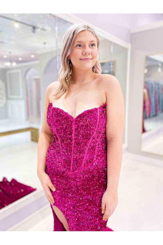 Cheapest Long Sweetheart Sleeveless Sweep Train Velvet Sequin Prom Dress with Slit