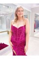Cheapest Long Sweetheart Sleeveless Sweep Train Velvet Sequin Prom Dress with Slit