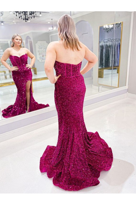 Cheapest Long Sweetheart Sleeveless Sweep Train Velvet Sequin Prom Dress with Slit