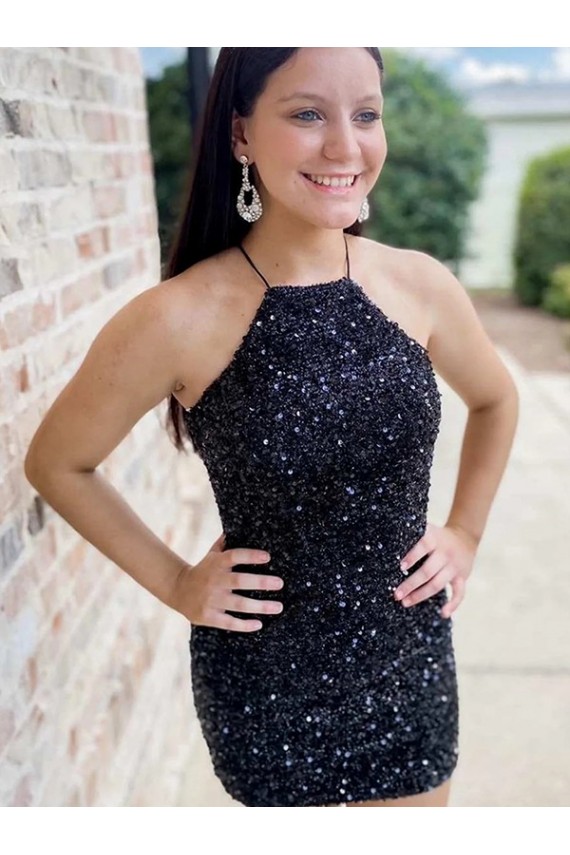 Cheapest Halter Sleeveless Short Velvet Sequin Prom Dress