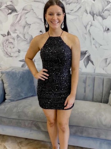 Cheapest Halter Sleeveless Short Velvet Sequin Prom Dress