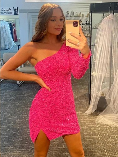 Cheapest Short Velvet Sequin One Shoulder Long Sleeves Prom Dress