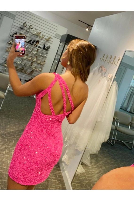 Cheapest Short One Shoulder Sleeveless Velvet Sequin Prom Dress