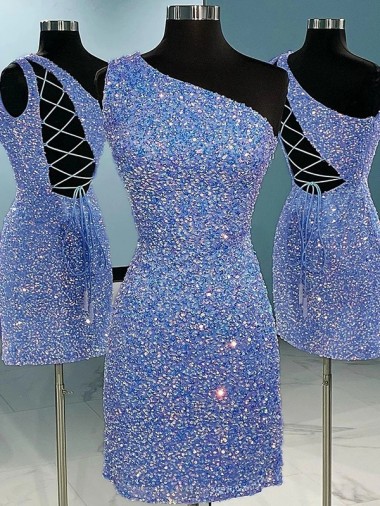 Cheapest Short Velvet Sequin One Shoulder Sleeveless Prom Dress
