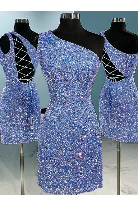 Cheapest Short Velvet Sequin One Shoulder Sleeveless Prom Dress