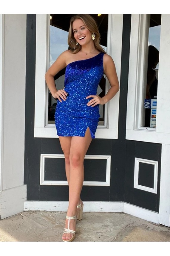 Cheapest One Shoulder Sleeveless Short Velvet Sequin Royal Blue Prom Dress